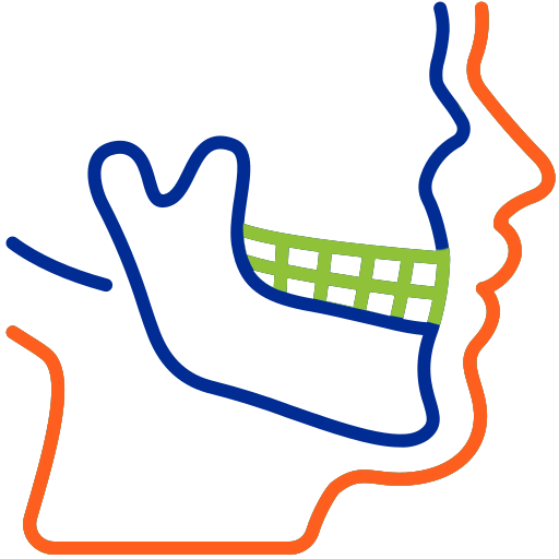 Stylized profile of child's face with highlighted jaw and green checkered dental treatment area.