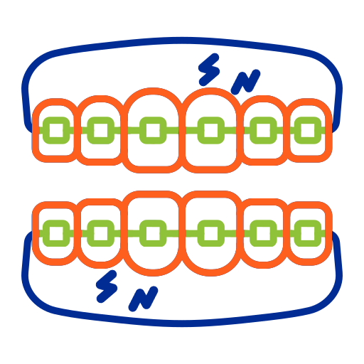 Two rows of colorful braces with lightning bolts indicating electrical force between them.