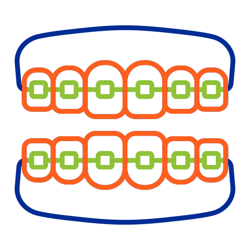 Colorful braces illustration showing two rows of teeth with green and orange brackets and wires.