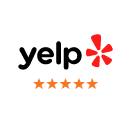 Yelp logo with five gold stars indicating excellent customer reviews for Crabapple Pediatric Dentistry & Orthodontics.